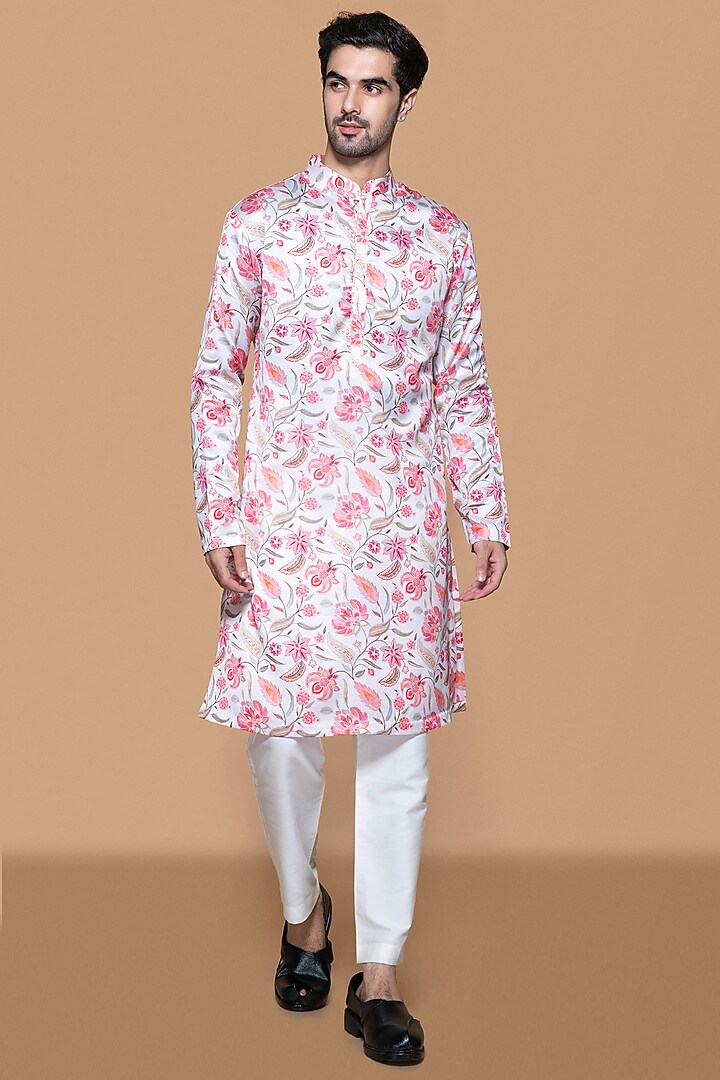 Ivory & Pink Soft Modal Satin Floral Digital Printed Kurta Set by Sanjev Marwaaha Men