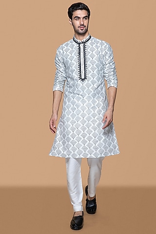 Ivory Cotton Silk Hand Block Printed & Embroidered Kurta Set by Sanjev Marwaaha Men
