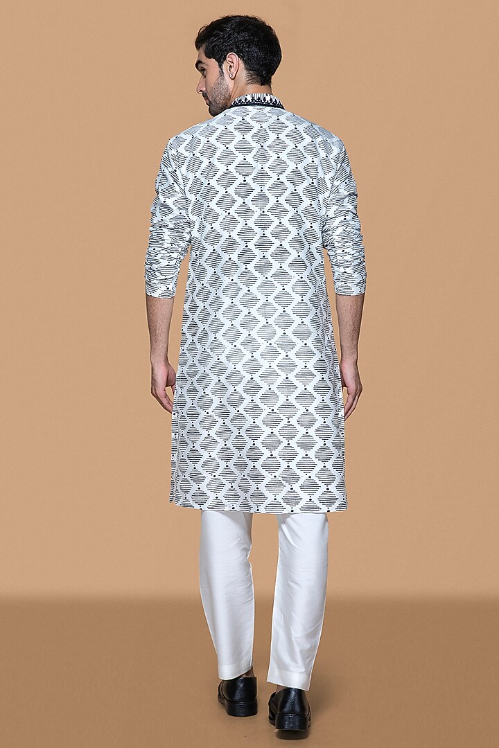 Ivory Cotton Silk Hand Block Printed & Embroidered Kurta Set by Sanjev Marwaaha Men at Pernia's Pop Up Shop