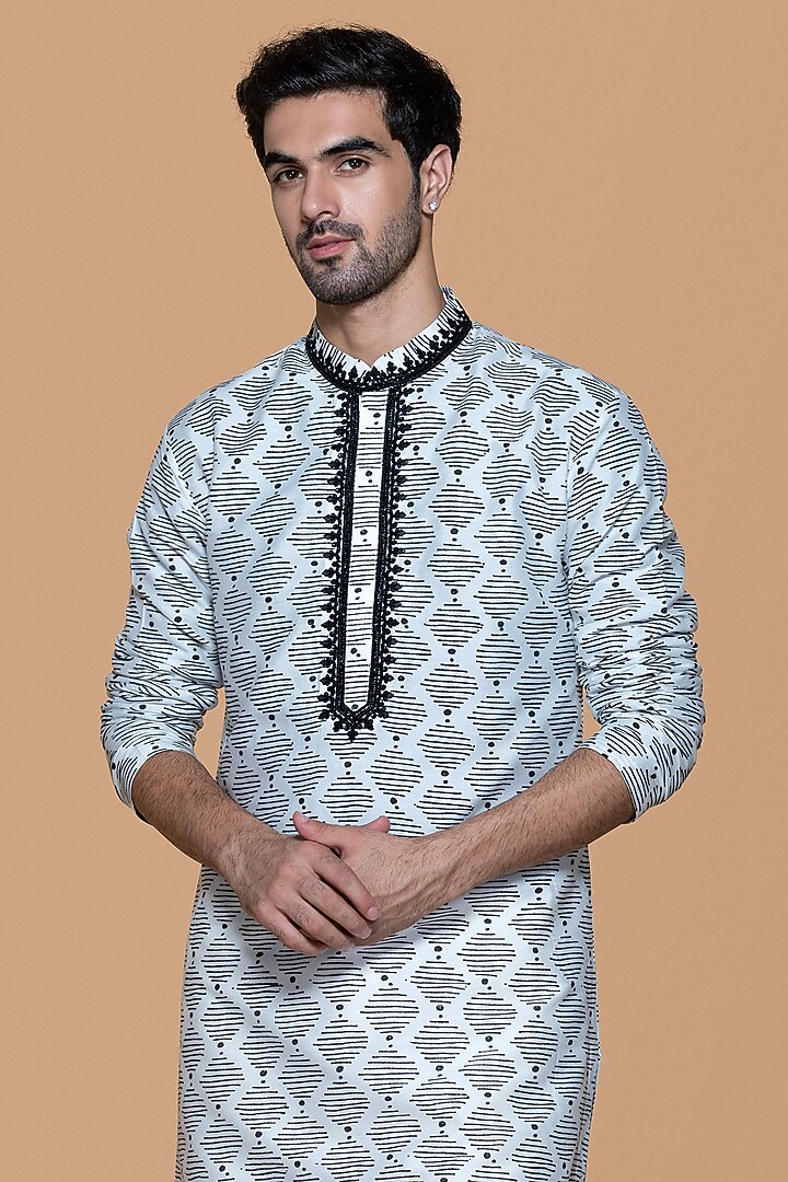 Ivory Cotton Silk Hand Block Printed & Embroidered Kurta Set by Sanjev Marwaaha Men at Pernia's Pop Up Shop
