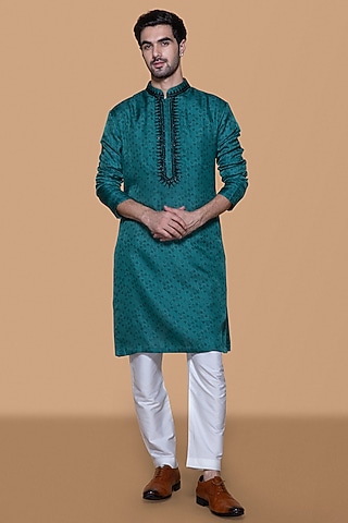 Pine Green Silk Hand Block Printed & Embroidered Kurta Set by Sanjev Marwaaha Men