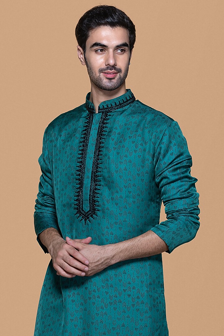 Pine Green Silk Hand Block Printed & Embroidered Kurta Set by Sanjev Marwaaha Men at Pernia's Pop Up Shop