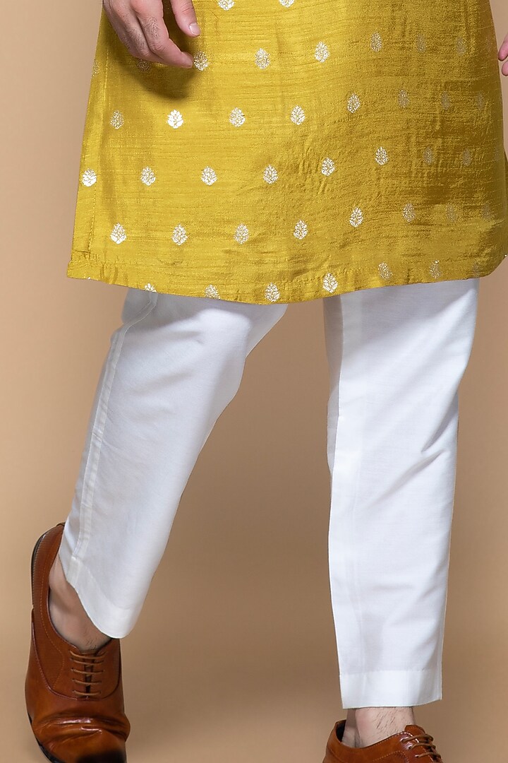 Mustard Jacquard Chanderi & Cotton Silk Zari Embroidered Kurta Set by Sanjev Marwaaha Men at Pernia's Pop Up Shop