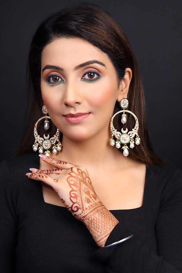 Two-Tone Finish Kundan Polki & Pearl Beaded Chandbali Earrings by Lady grace by priyanka at Pernia's Pop Up Shop