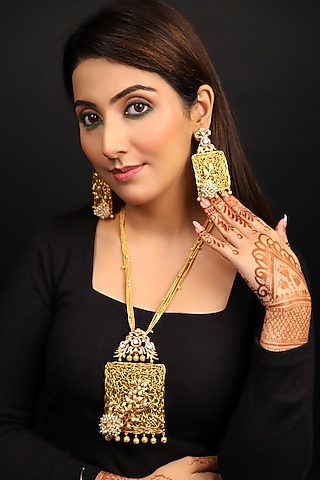 Gold Finish Kundan Polki & Zircon Long Necklace Set by Lady grace by priyanka