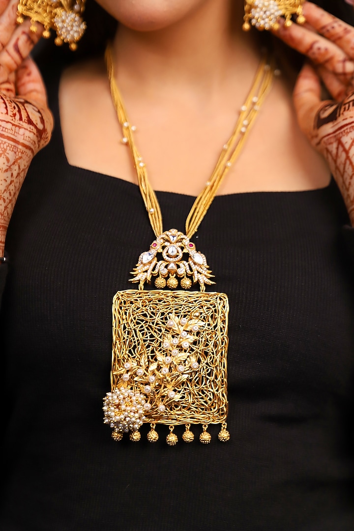 Gold Finish Kundan Polki & Zircon Long Necklace Set by Lady grace by priyanka at Pernia's Pop Up Shop