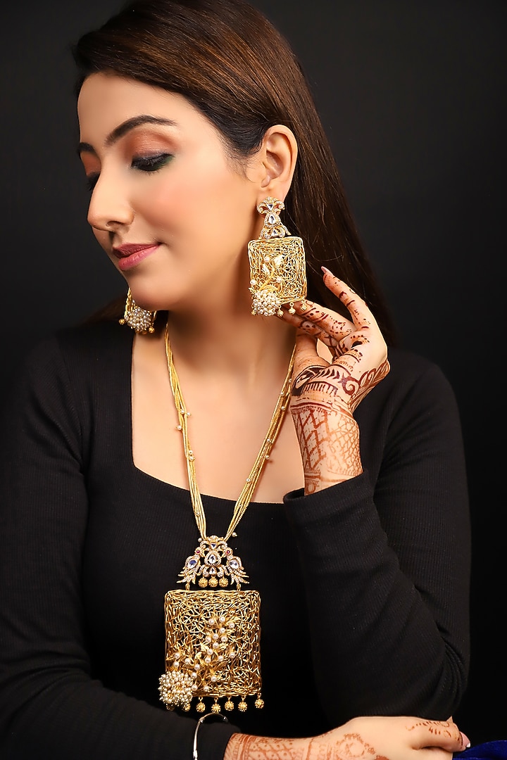 Gold Finish Kundan Polki & Zircon Long Necklace Set by Lady grace by priyanka at Pernia's Pop Up Shop