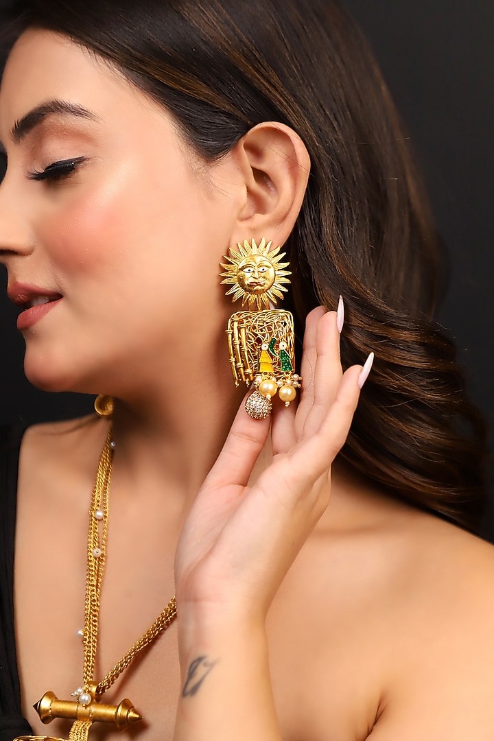Gold Finish Kundan Polki & Pearl Beaded Sunflower Shaped Long Necklace Set by Lady grace by priyanka at Pernia's Pop Up Shop
