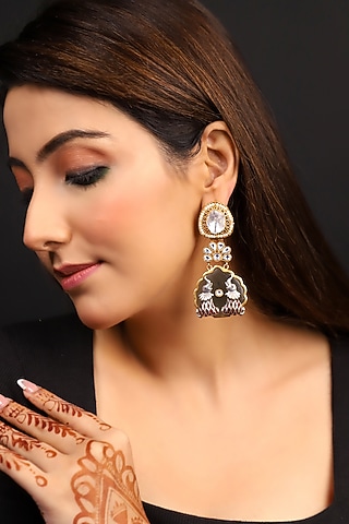 Gold Finish Kundan Polki & Pearl Beaded Elephant Shaped Dangler Earrings by Lady grace by priyanka