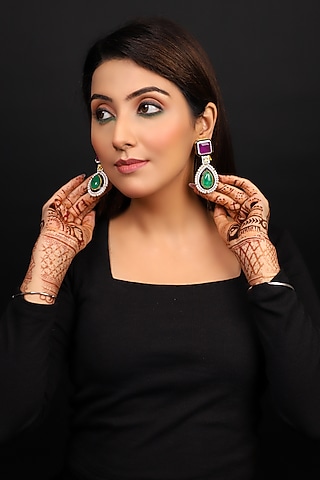 Two-Tone Finish Pearl Beaded & Emerald Stone Dangler Earrings by Lady grace by priyanka