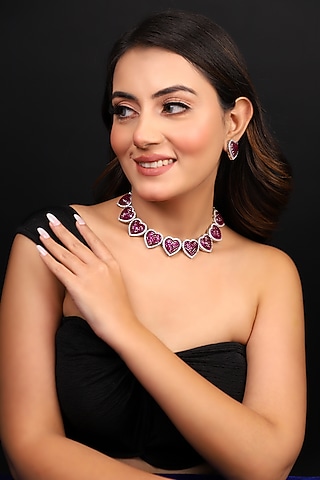 Silver Finish American Diamond & Ruby Stone Necklace Set by Lady grace by priyanka