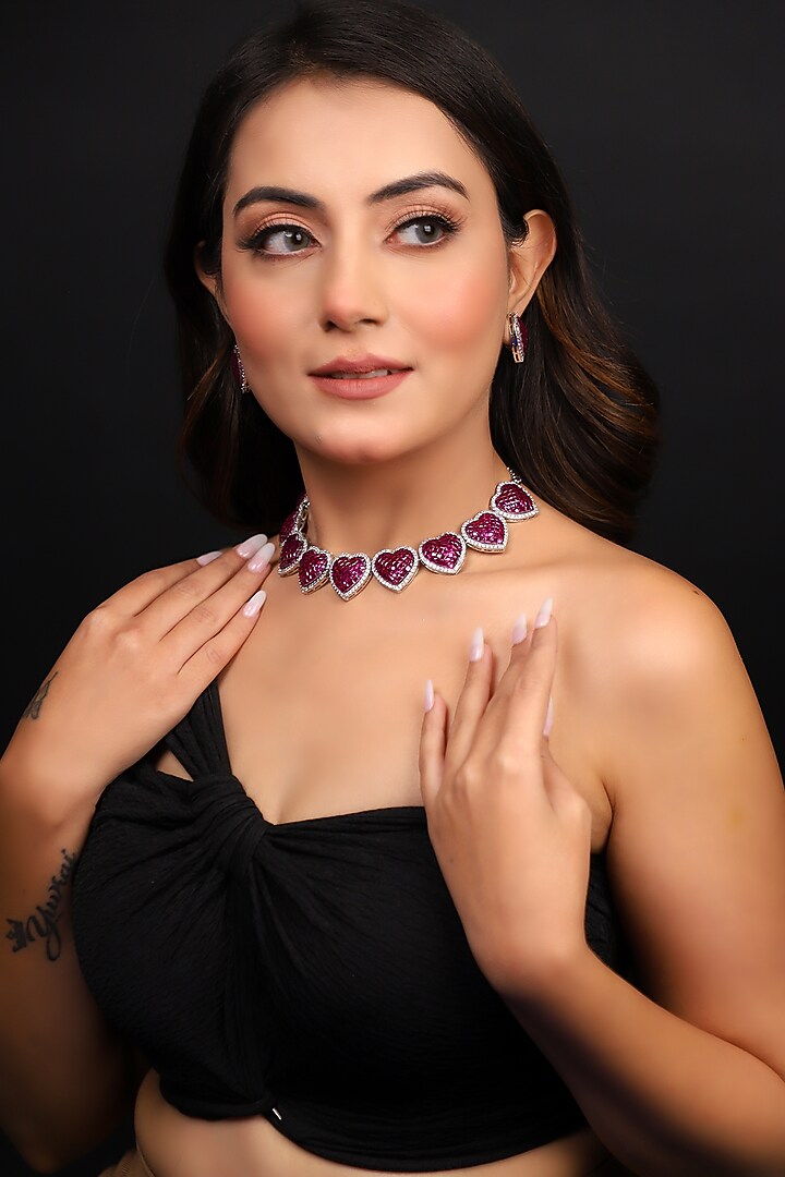 Silver Finish American Diamond & Ruby Stone Necklace Set by Lady grace by priyanka at Pernia's Pop Up Shop