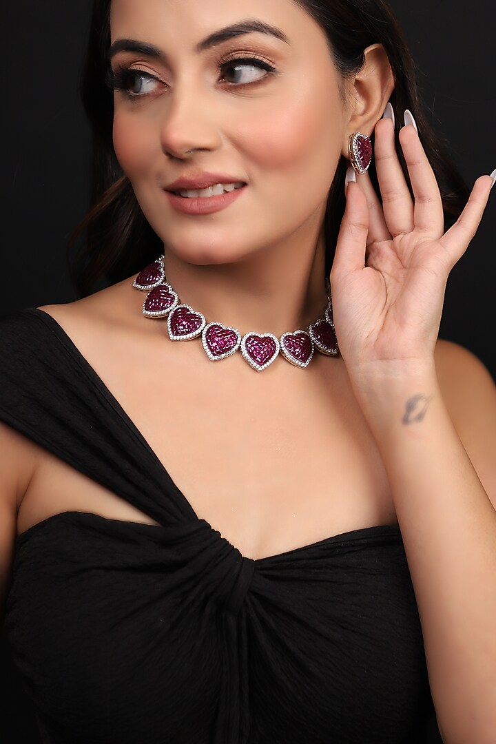 Silver Finish American Diamond & Ruby Stone Necklace Set by Lady grace by priyanka at Pernia's Pop Up Shop