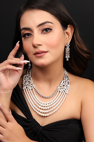 White Finish American Diamond & Pearl Beaded Necklace Set by Lady grace by priyanka