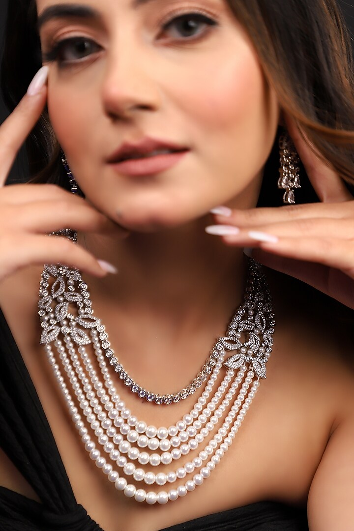 White Finish American Diamond & Pearl Beaded Necklace Set by Lady grace by priyanka at Pernia's Pop Up Shop