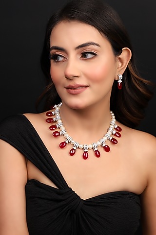White Finish American Diamond & Ruby Beaded Necklace Set by Lady grace by priyanka