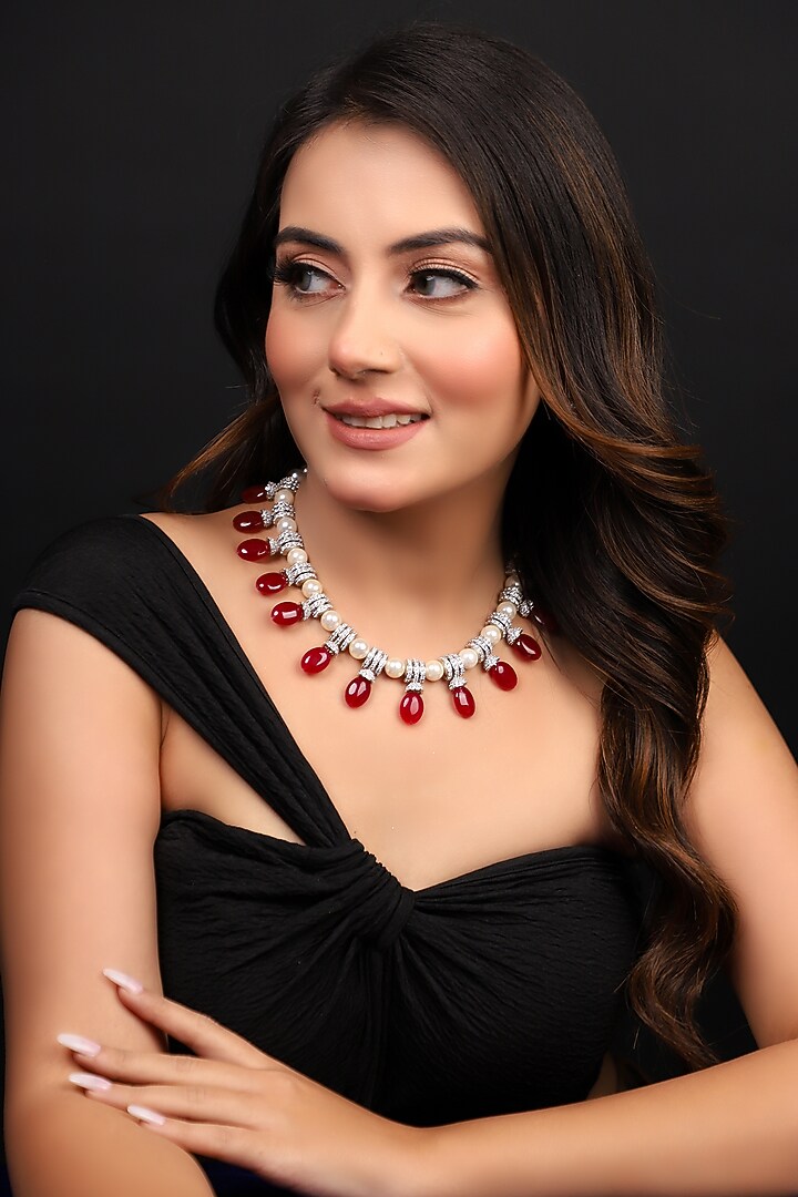 White Finish American Diamond & Ruby Beaded Necklace Set by Lady grace by priyanka at Pernia's Pop Up Shop