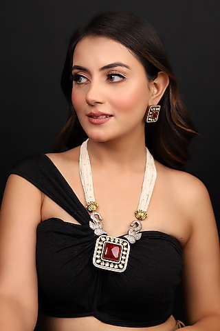 Gold Finish Kundan Polki & Red Stone Long Necklace Set by Lady grace by priyanka