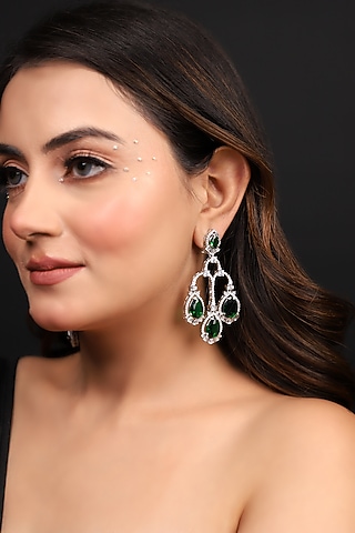 White Finish Zircon & Emerald Stone Dangler Earrings by Lady grace by priyanka