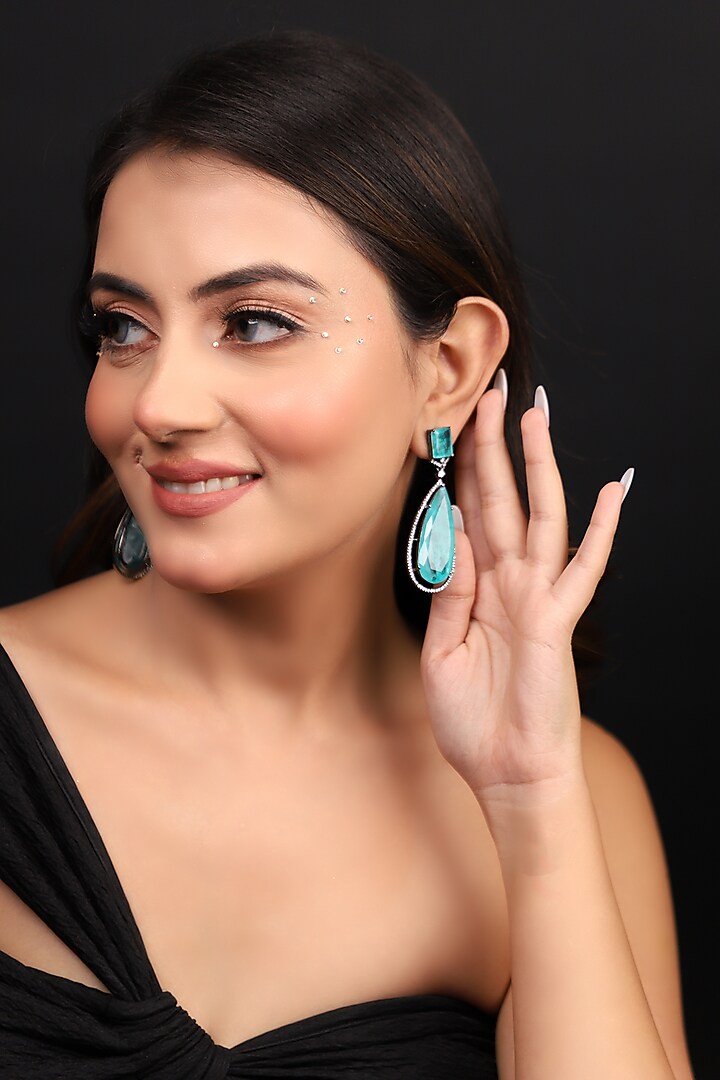 Silver Finish Zircon & Aqua Doublet Stone Enameled Dangler Earrings by Lady grace by priyanka at Pernia's Pop Up Shop