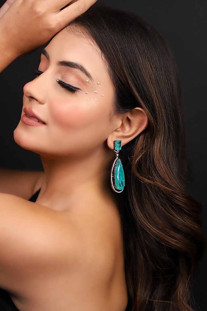 Silver Finish Zircon & Aqua Doublet Stone Enameled Dangler Earrings by Lady grace by priyanka at Pernia's Pop Up Shop