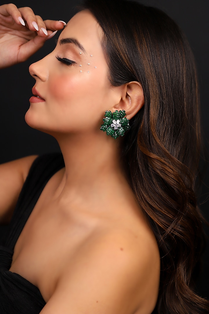 Silver Finish American Diamond & Emerald Stone Enameled Floral Stud Earrings by Lady grace by priyanka at Pernia's Pop Up Shop