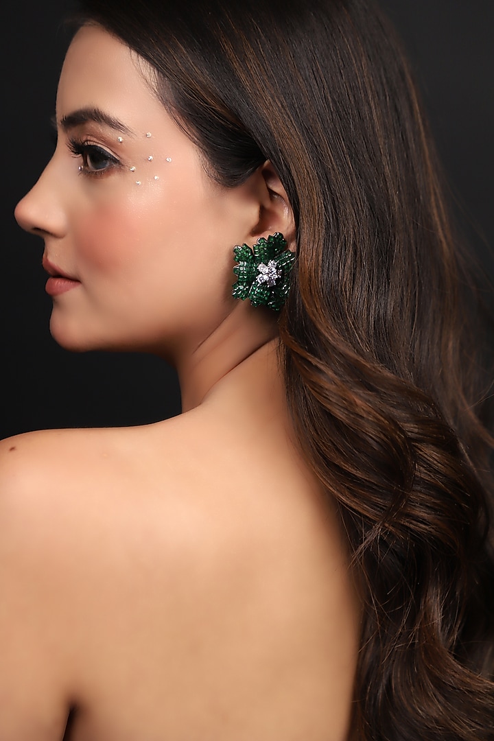 Silver Finish American Diamond & Emerald Stone Enameled Floral Stud Earrings by Lady grace by priyanka at Pernia's Pop Up Shop