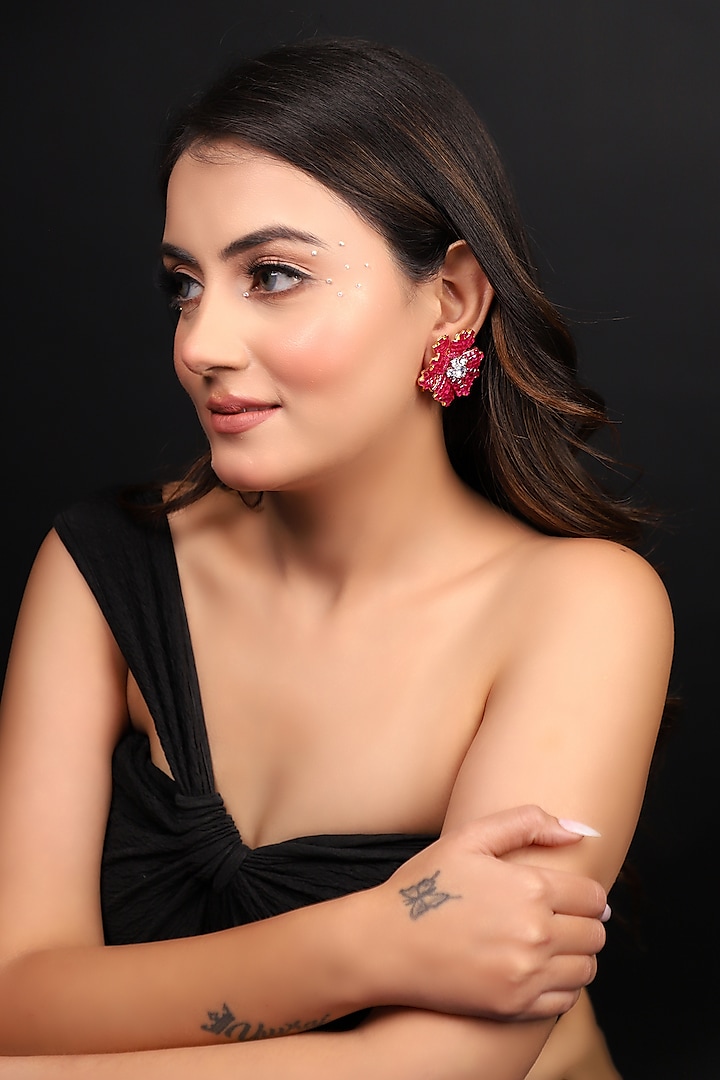 Two-Tone Finish Zircon & Red Stone Enameled Floral Stud Earrings by Lady grace by priyanka