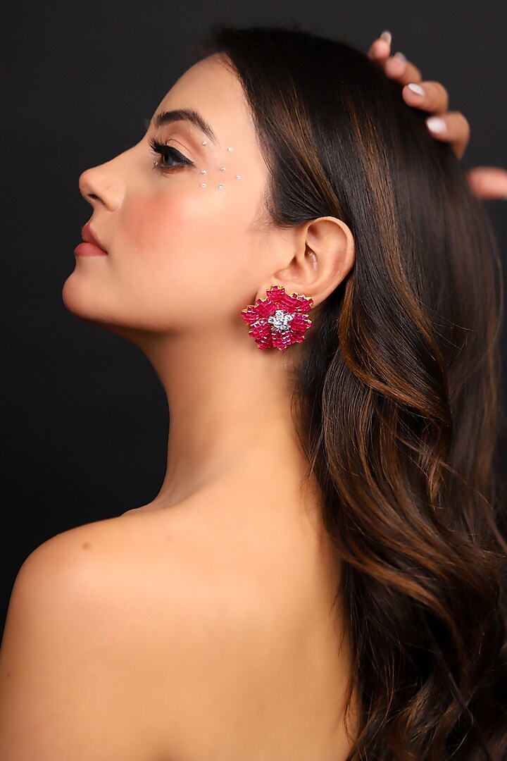 Two-Tone Finish Zircon & Red Stone Enameled Floral Stud Earrings by Lady grace by priyanka at Pernia's Pop Up Shop