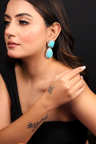 White Finish American Diamond & Blue Stone Enameled Dangler Earrings by Lady grace by priyanka
