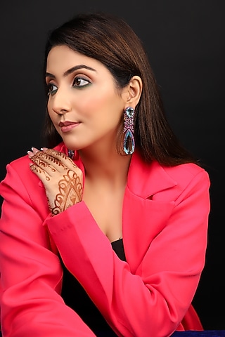 Silver Finish Ruby & Aqua Stone Enameled Dangler Earrings by Lady grace by priyanka