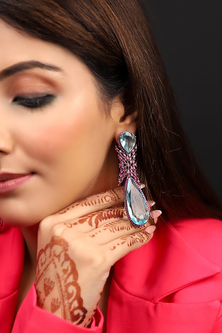 Silver Finish Ruby & Aqua Stone Enameled Dangler Earrings by Lady grace by priyanka at Pernia's Pop Up Shop