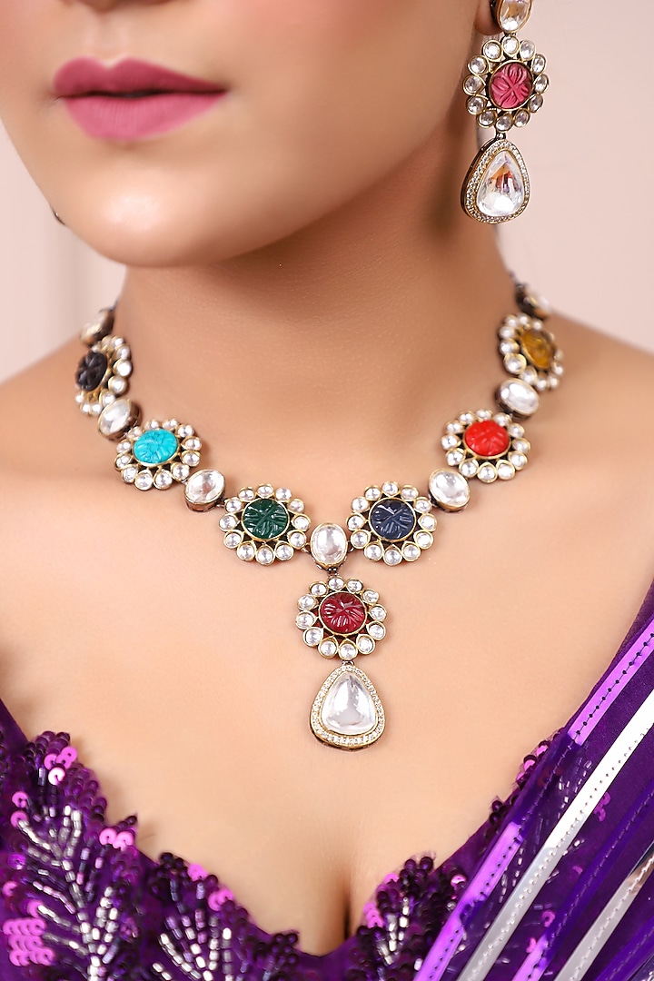 Multi-colored Stone & Uncut Polki Necklace Set by Lady grace by priyanka at Pernia's Pop Up Shop