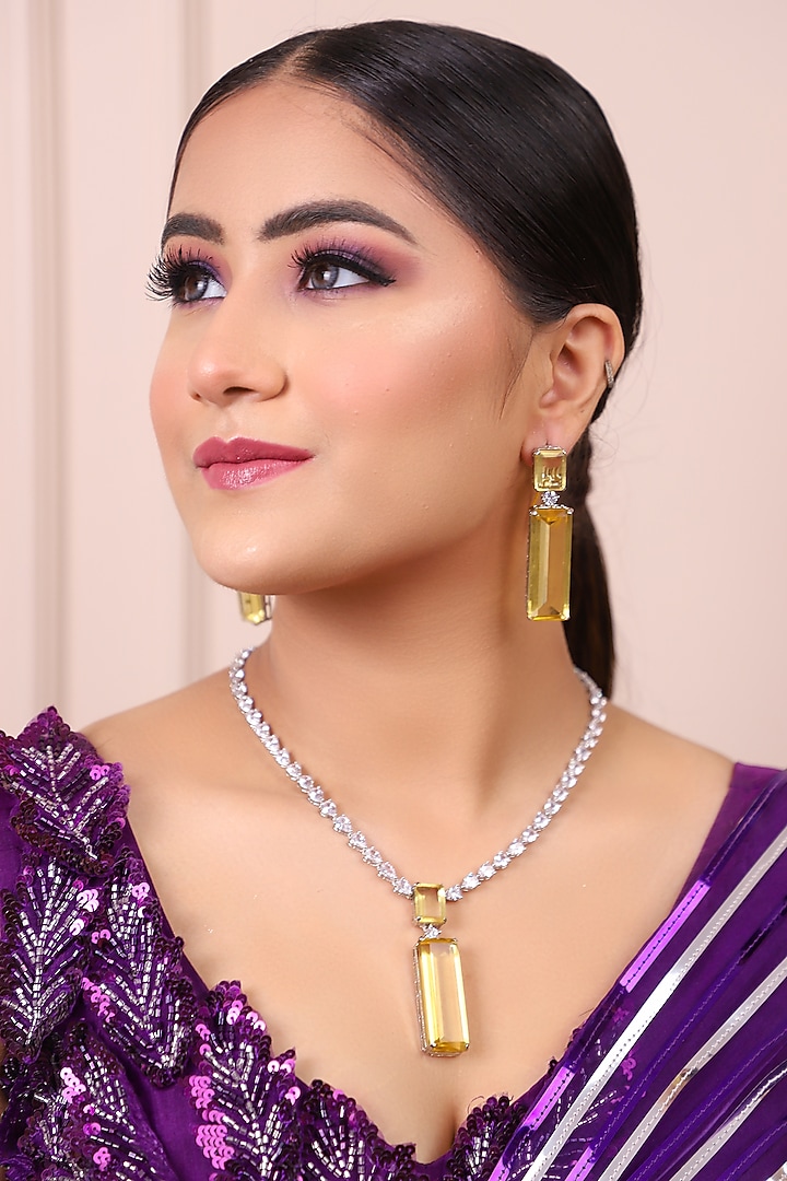 White Finish American Diamond & Yellow Doublet Stone Necklace Set by Lady grace by priyanka at Pernia's Pop Up Shop