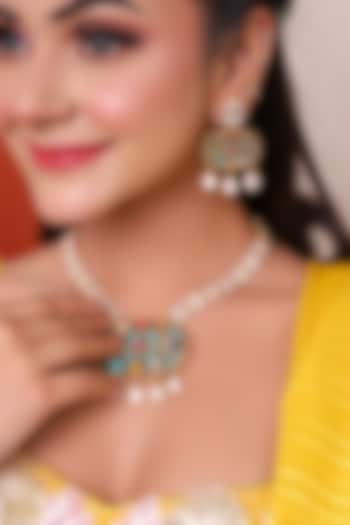 Gold Finish Kundan Polki & Multi-Colored Stone Long Necklace Set by Lady grace by priyanka at Pernia's Pop Up Shop