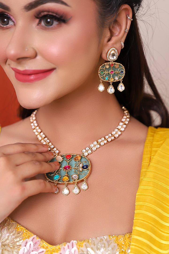 Gold Finish Kundan Polki & Multi-Colored Stone Long Necklace Set by Lady grace by priyanka at Pernia's Pop Up Shop