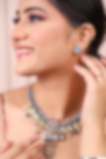 Black Rhodium Finish Pachi Kundan & Turquoise Stone Necklace Set by Lady grace by priyanka at Pernia's Pop Up Shop