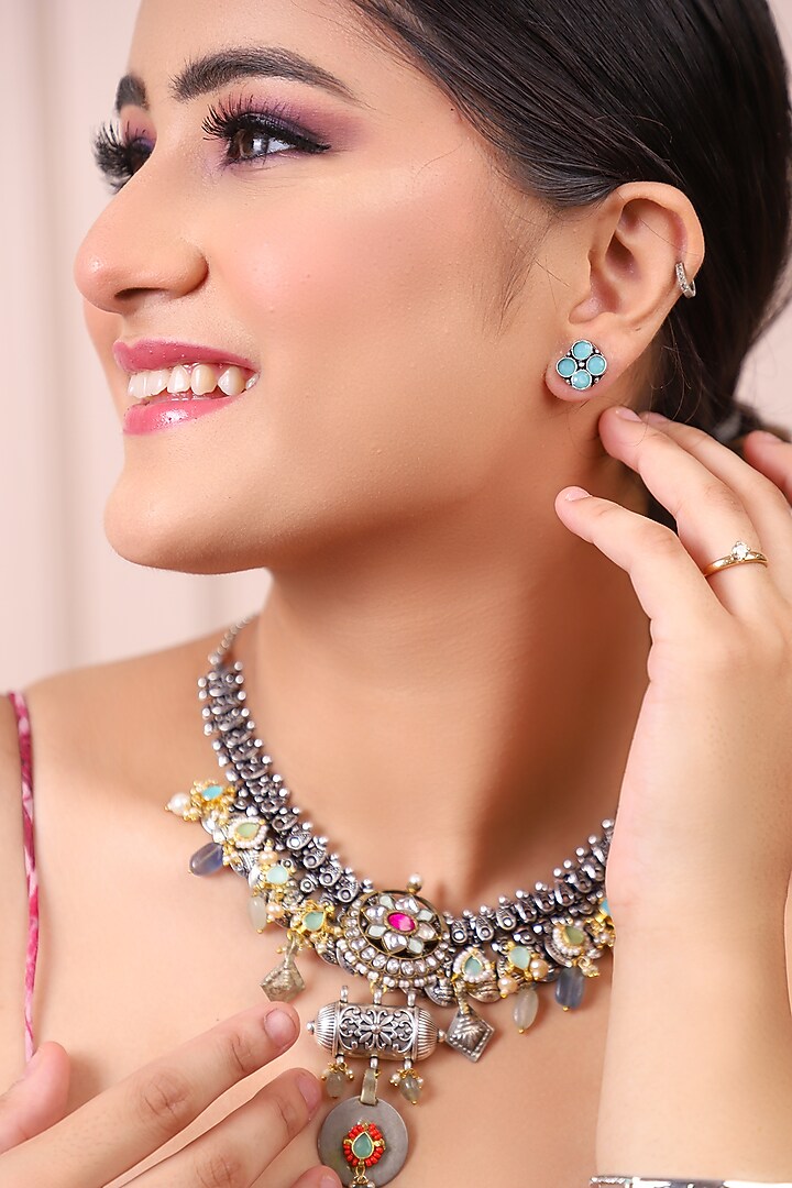 Black Rhodium Finish Pachi Kundan & Turquoise Stone Necklace Set by Lady grace by priyanka at Pernia's Pop Up Shop