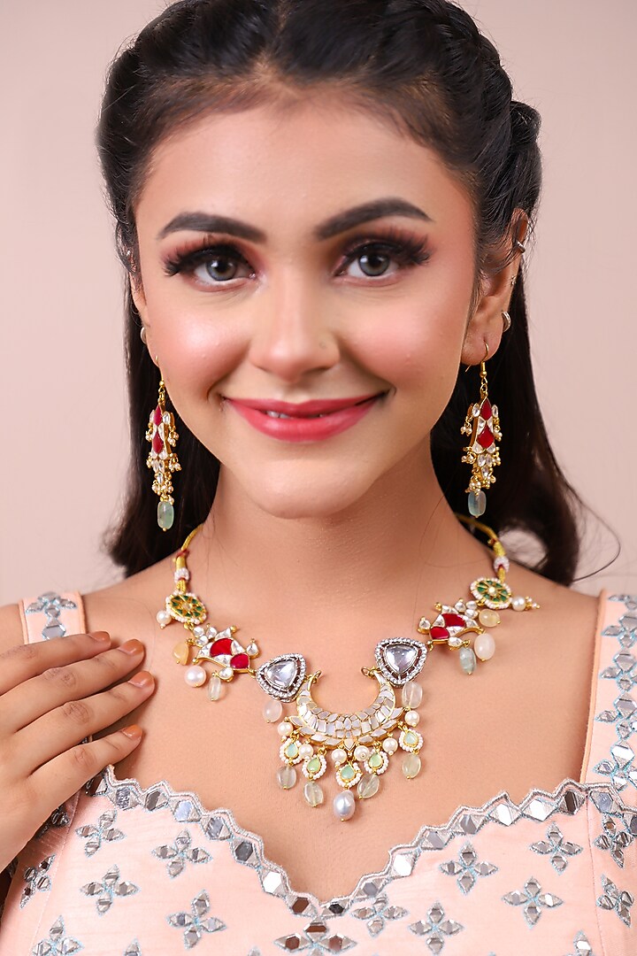 Two Tone Finish Ruby & Green Stone Necklace Set by Lady grace by priyanka at Pernia's Pop Up Shop