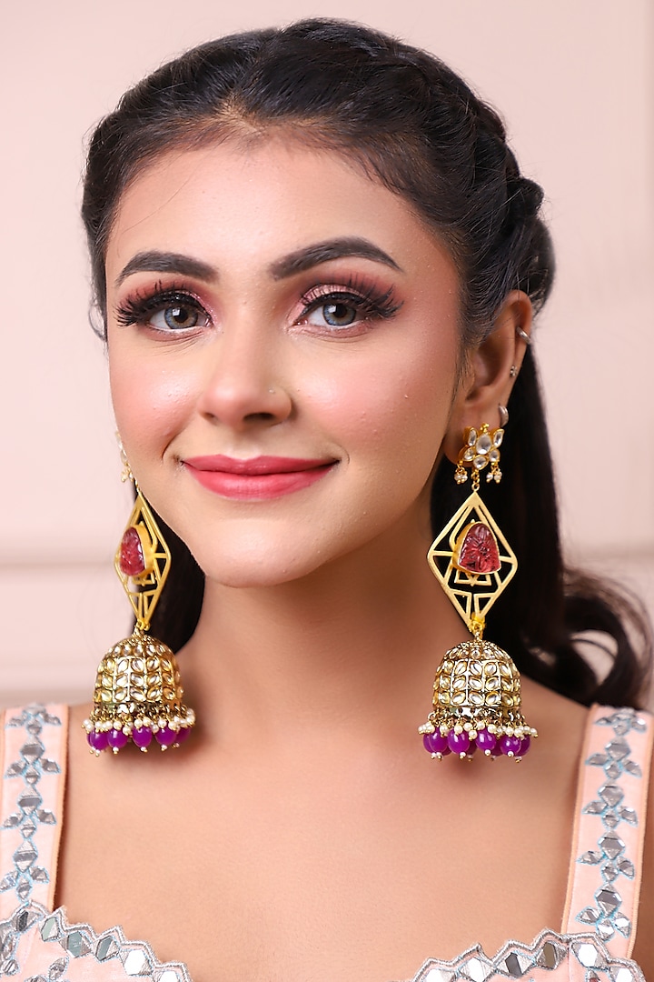 Gold Finish Pachi Kundan & Ruby Jhumka Earrings by Lady grace by priyanka