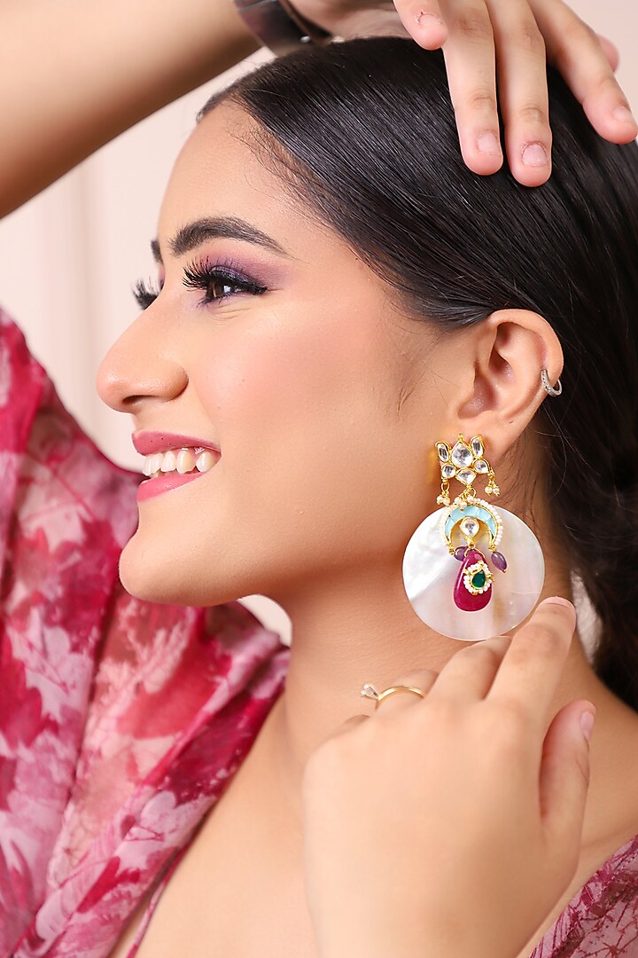 Pachi Kundan & Red Stone Chandbali Earrings by Lady grace by priyanka