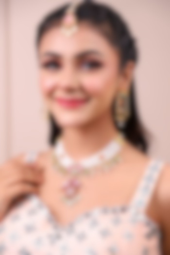 Two Tone Finish Pachi Kundan & Pearl Beaded Necklace Set by Lady grace by priyanka at Pernia's Pop Up Shop