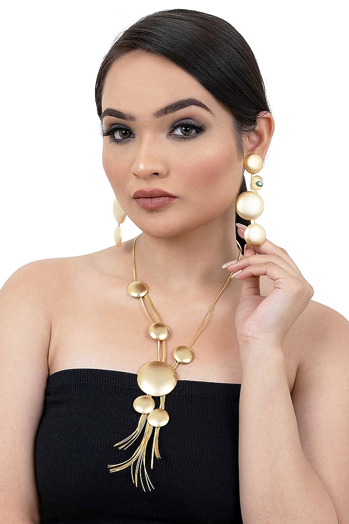 Matte Gold Finish Long Necklace Set by Lady grace by priyanka at Pernia's Pop Up Shop