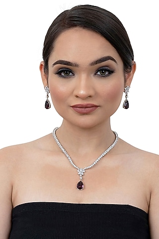 White Finish American Diamond & Purple Stone Necklace Set by Lady grace by priyanka