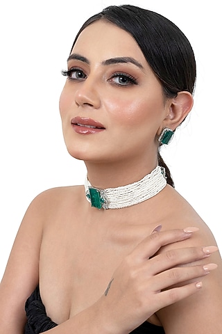 Green Emerald Doublet Stone & Pearl Choker Necklace Set by Lady grace by priyanka