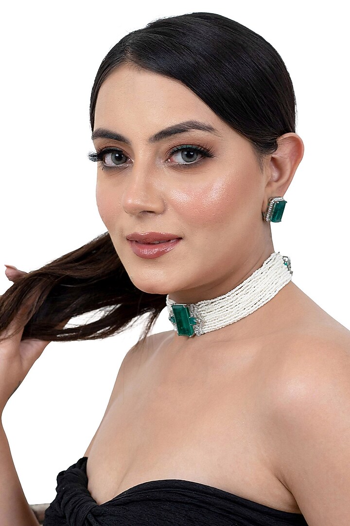 Green Emerald Doublet Stone & Pearl Choker Necklace Set by Lady grace by priyanka at Pernia's Pop Up Shop