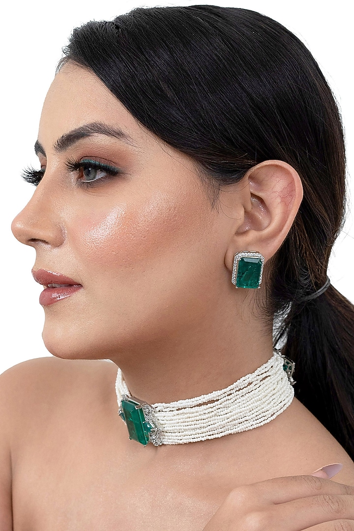 Green Emerald Doublet Stone & Pearl Choker Necklace Set by Lady grace by priyanka at Pernia's Pop Up Shop