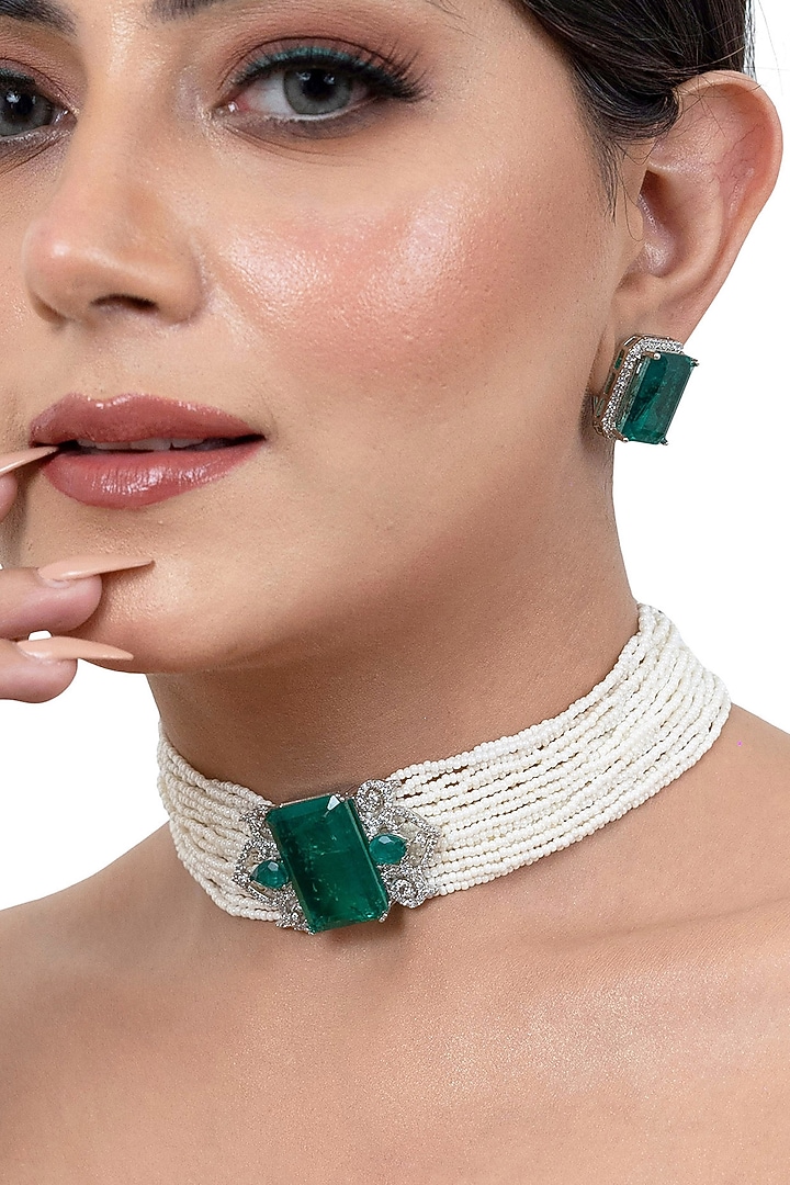 Green Emerald Doublet Stone & Pearl Choker Necklace Set by Lady grace by priyanka at Pernia's Pop Up Shop