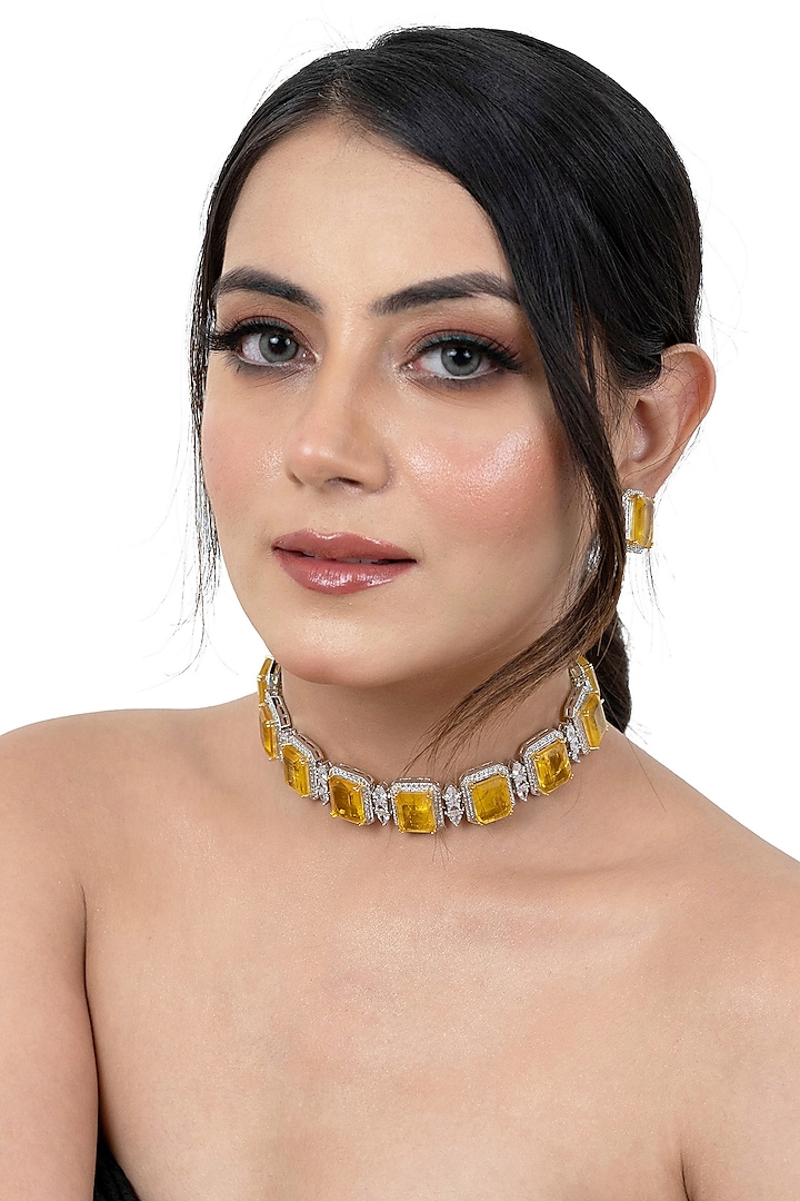 White Finish Yellow American Diamond & Double Stone Choker Necklace Set by Lady grace by priyanka at Pernia's Pop Up Shop