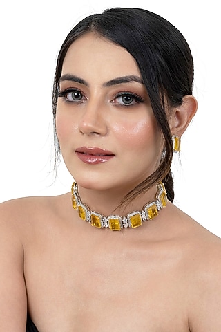 White Finish Yellow American Diamond & Double Stone Choker Necklace Set by Lady grace by priyanka